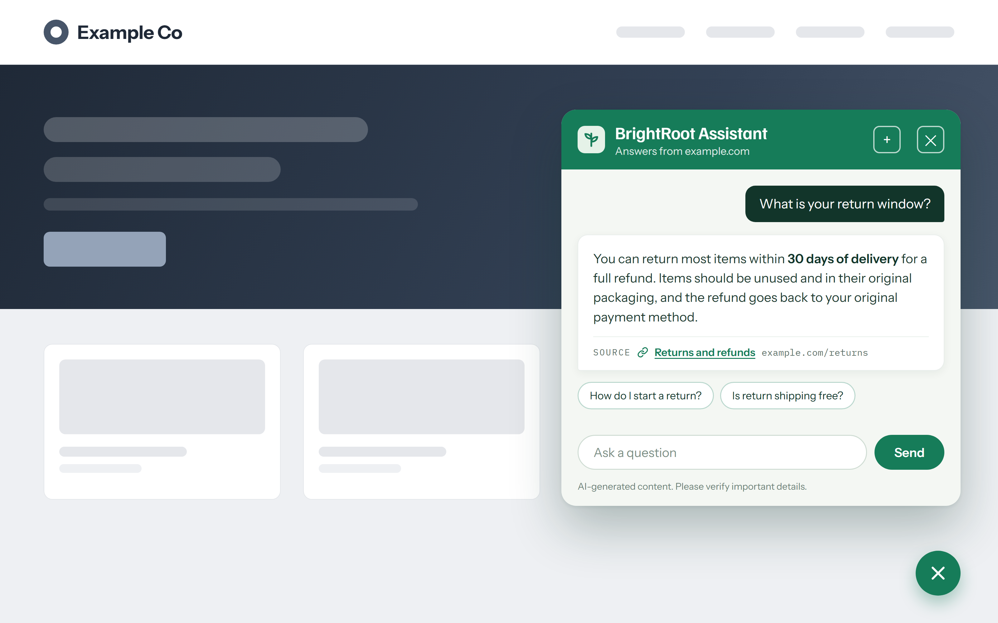 BrightRoot Assistant on a sample website, answering a visitor question with the source page linked under the answer