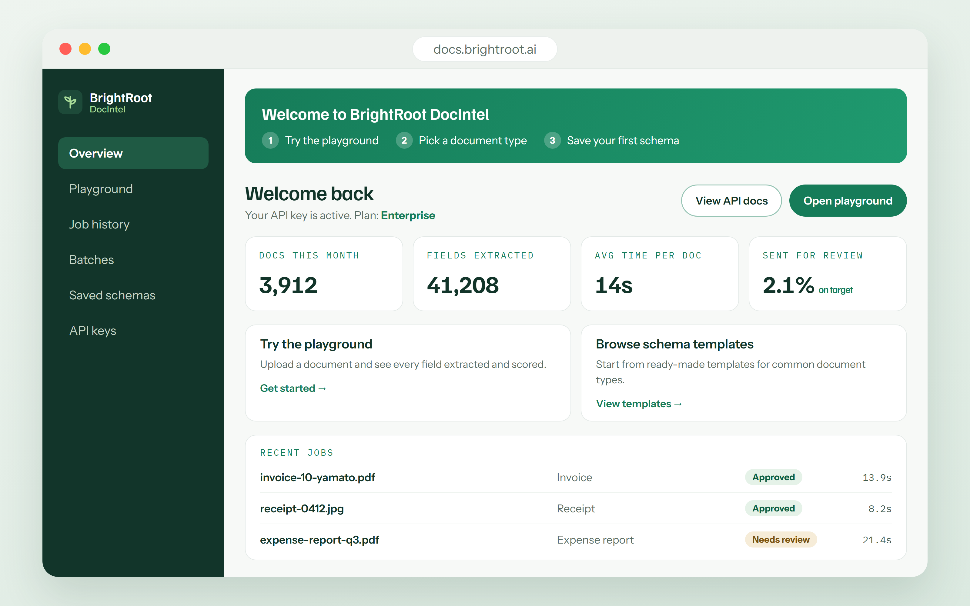 The BrightRoot DocIntel workspace overview, with recent jobs and their review status