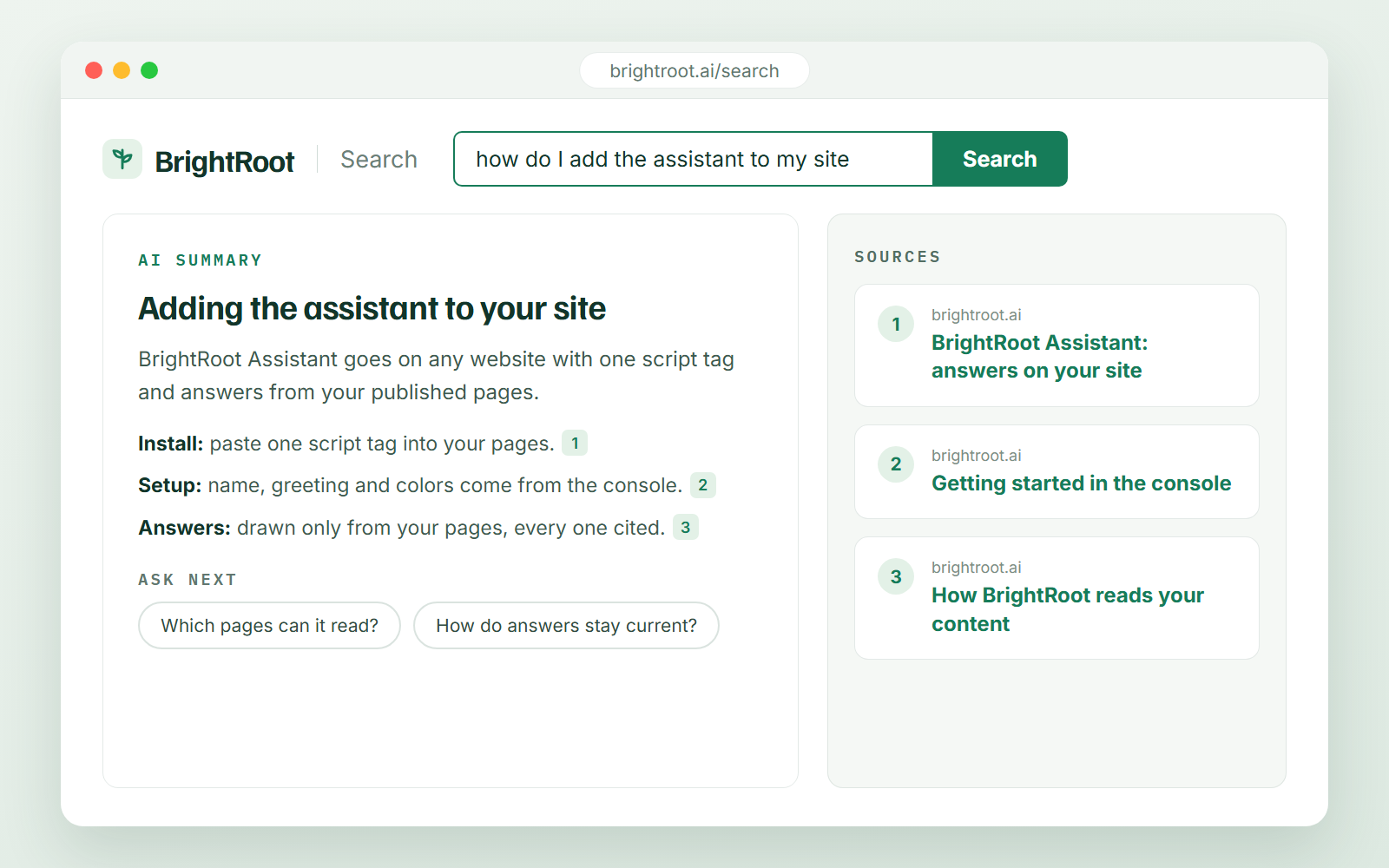 A BrightRoot search answer with its sources listed beside it