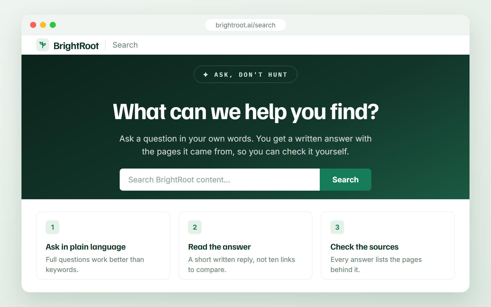 A BrightRoot search answer with its sources listed beside it