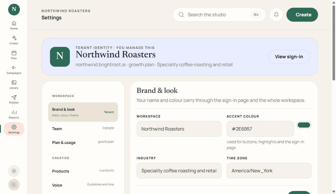Brand and look settings with the brand&rsquo;s name, accent colour, industry and its own address