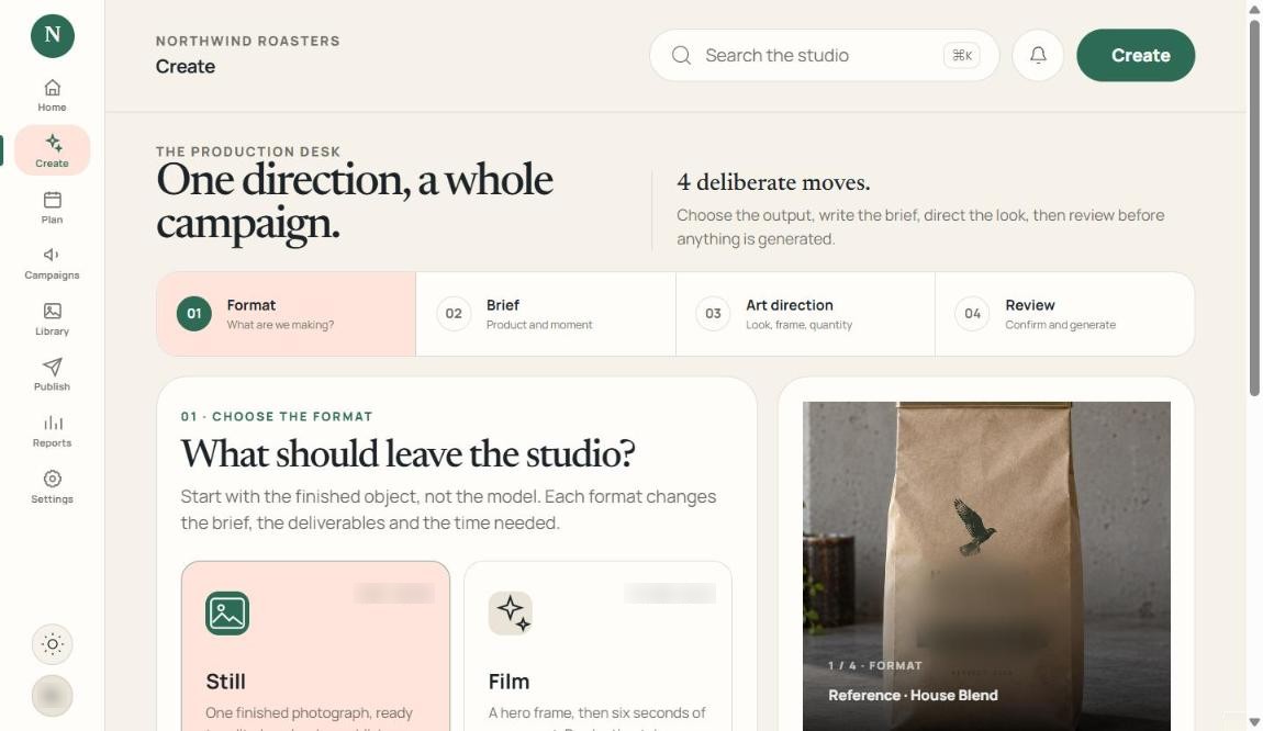 The Create screen: a four-step brief, with still, film, post and ad formats and the product reference beside it