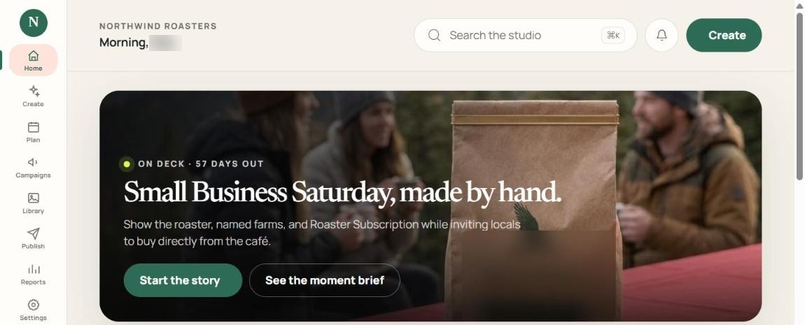 The Studio home screen, with the next moment worth owning and a campaign photograph of the brand&rsquo;s own product