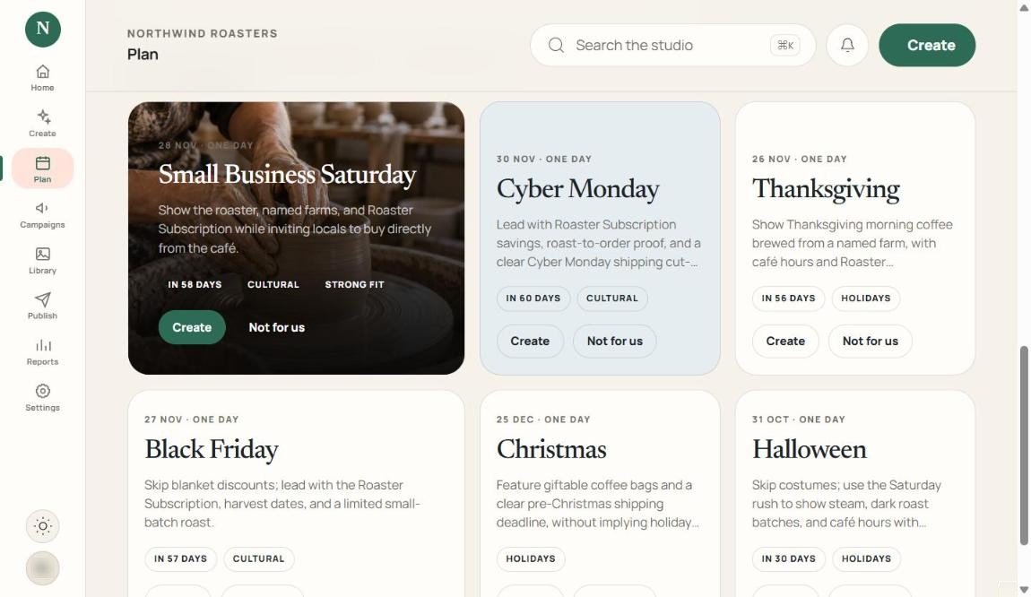 Suggested moments such as Small Business Saturday and Cyber Monday, each with an angle written for the brand