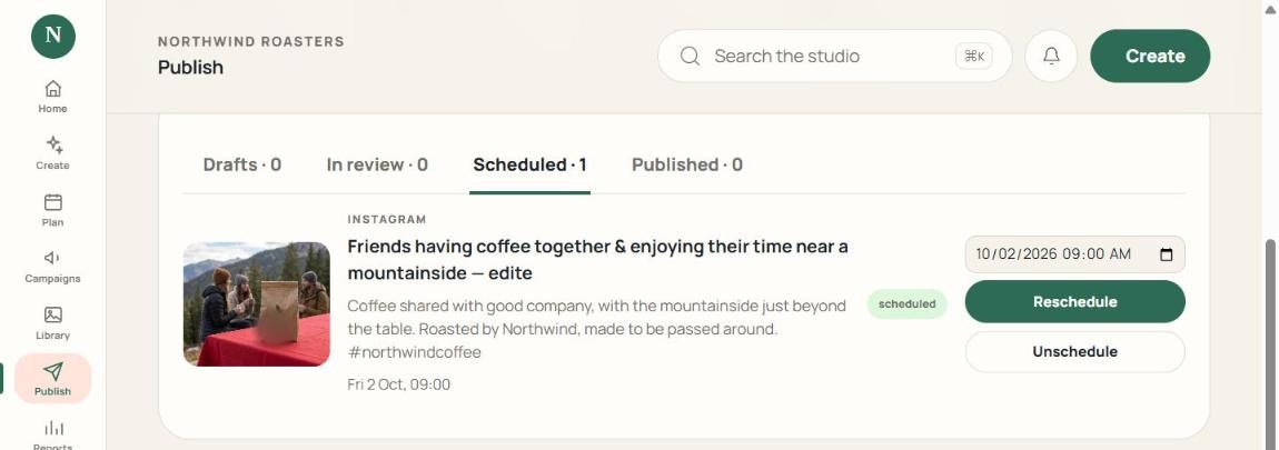 A scheduled post with its photograph, caption and hashtags, ready to reschedule or unschedule